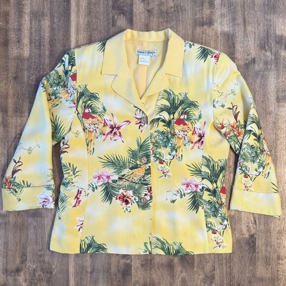 VTG Tropical Blazer 100% Silk Floral Parrot Hawaiian Nancy Bolen Yellow Medium - Picture 3 of 10